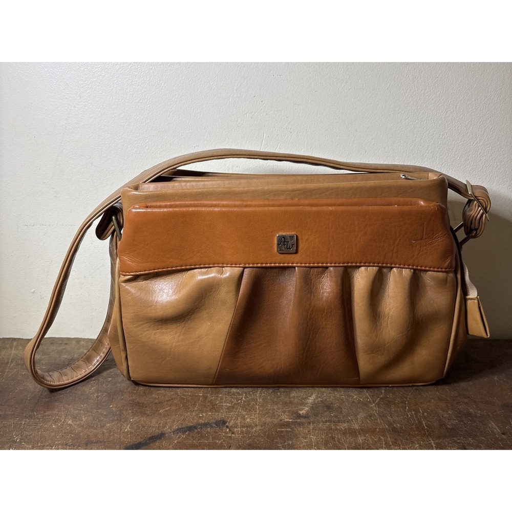 Vtg Brown Faux Leather Purse Handbag AW Logo Multiple Zipper Compartments